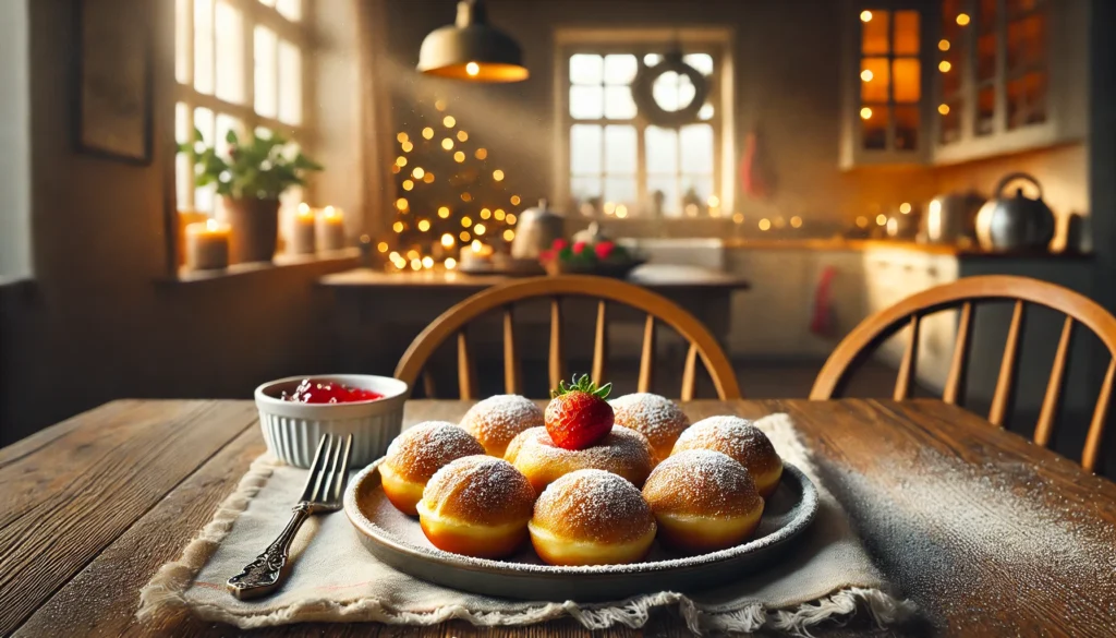 Et vandret billede af en tallerken danske æbleskiver, gyldne og luftige, serveret med flormelis på toppen.