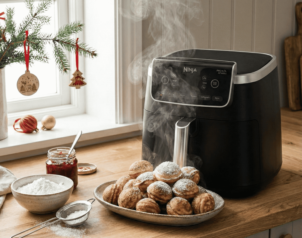 Et billede af en tallerken danske æbleskiver, gyldne og luftige, serveret med flormelis på toppen.