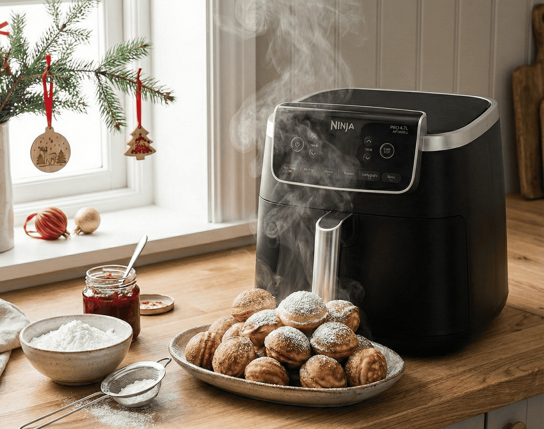 Et billede af en tallerken danske æbleskiver, gyldne og luftige, serveret med flormelis på toppen.